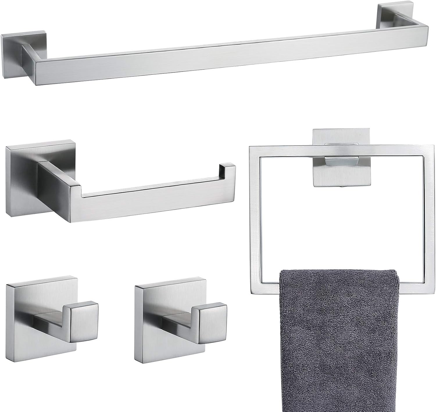 TNOMS 5 Pieces Bathroom Hardware Accessories Set Matte Black Towel Bar Set Wall Mounted,Stainless Steel,23.6-Inch. Pack of 2