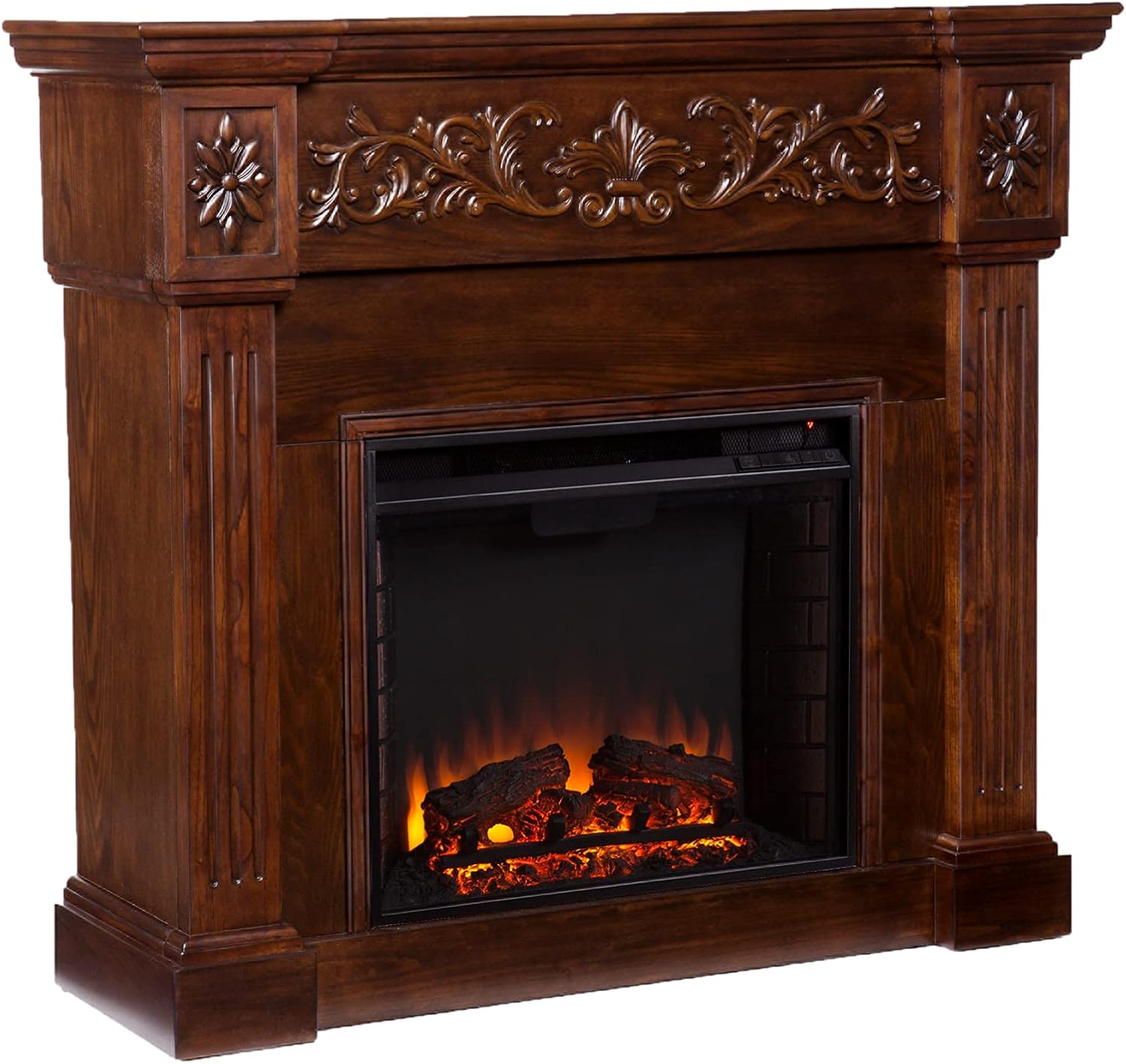 SEI Furniture Calvert Electric Carved Floral Trim Fireplace, Ivory