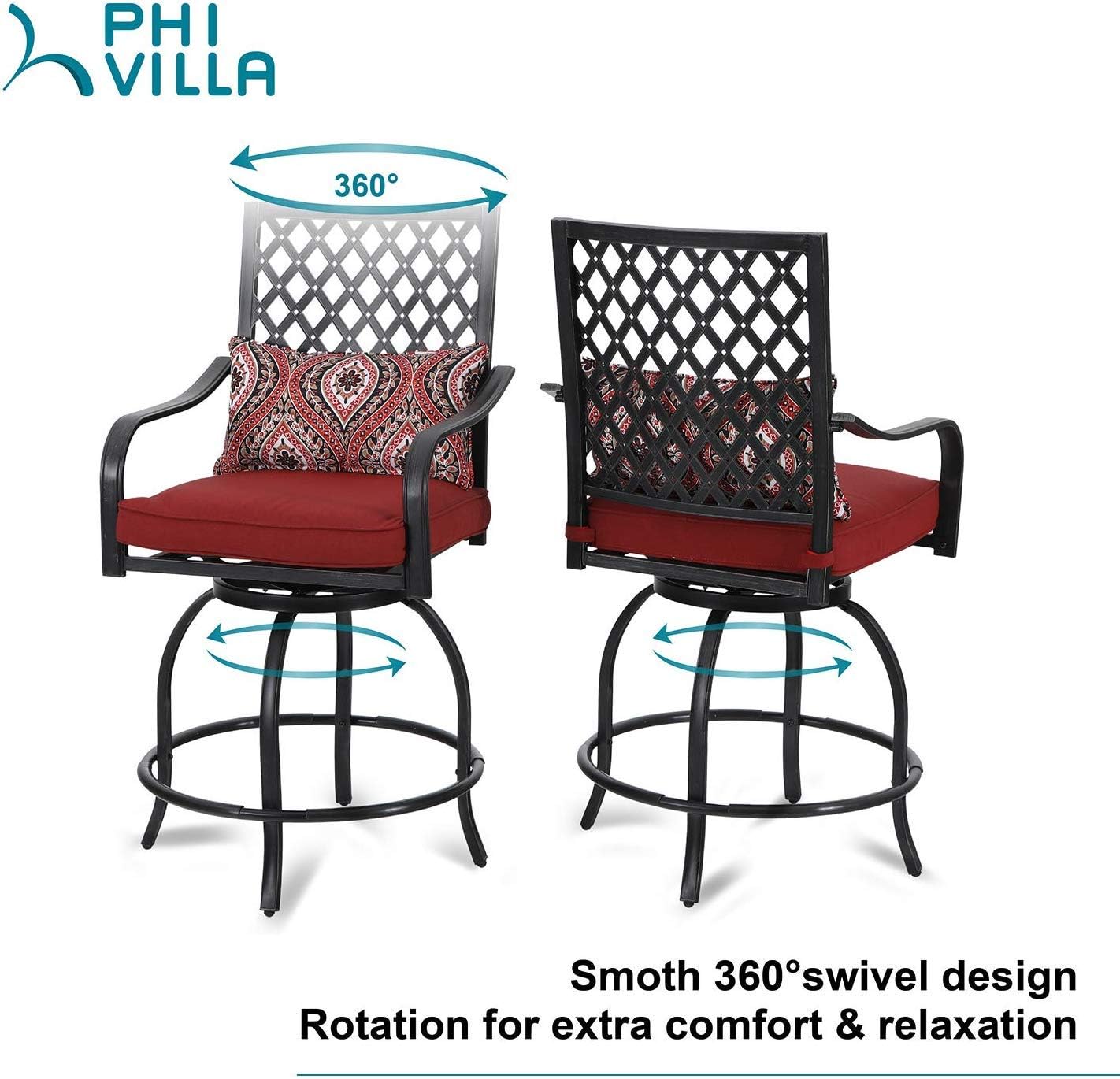 PHI VILLA 5 Piece Patio Bar Set, 4 Outdoor Swivel Bar Stools with Red Cushion and 32