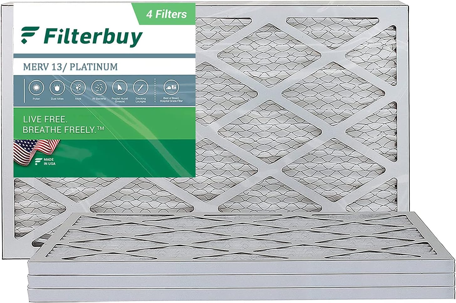 Filterbuy 12x20x1 Air Filter MERV 13, Pleated HVAC AC Furnace Filters (4-Pack, Platinum)