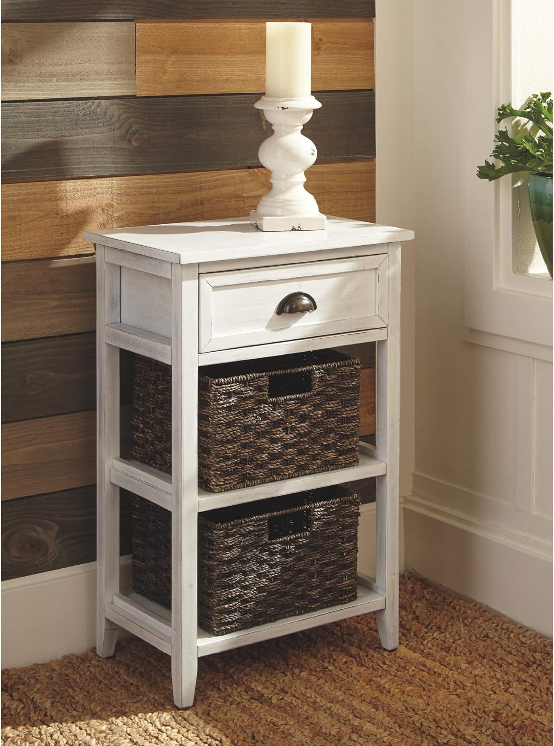 Signature Design by Ashley Oslember Modern Farmhouse Accent End Table with 2 Removable Baskets, White