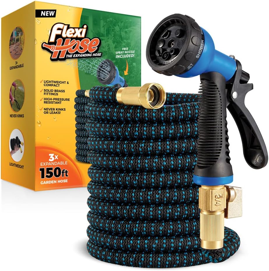 Flexi Hose with 8 Function Nozzle, Lightweight Expandable Garden Hose, No-Kink Flexibility, 3/4 Inch Solid Brass Fittings and Double Latex Core, Flexible Garden Water Hose Pack of 2