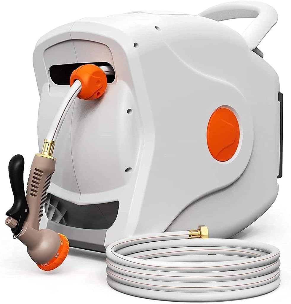 Garden Retractable Hose Reel, Any Length Lock, 100+6.7 FT 1/2inch,Automatic Rewind Wall Mounted Reel with 8 Patterns Hose Nozzles, Brass Connector, 180Degree Garden Watering & Car Washing Generi005