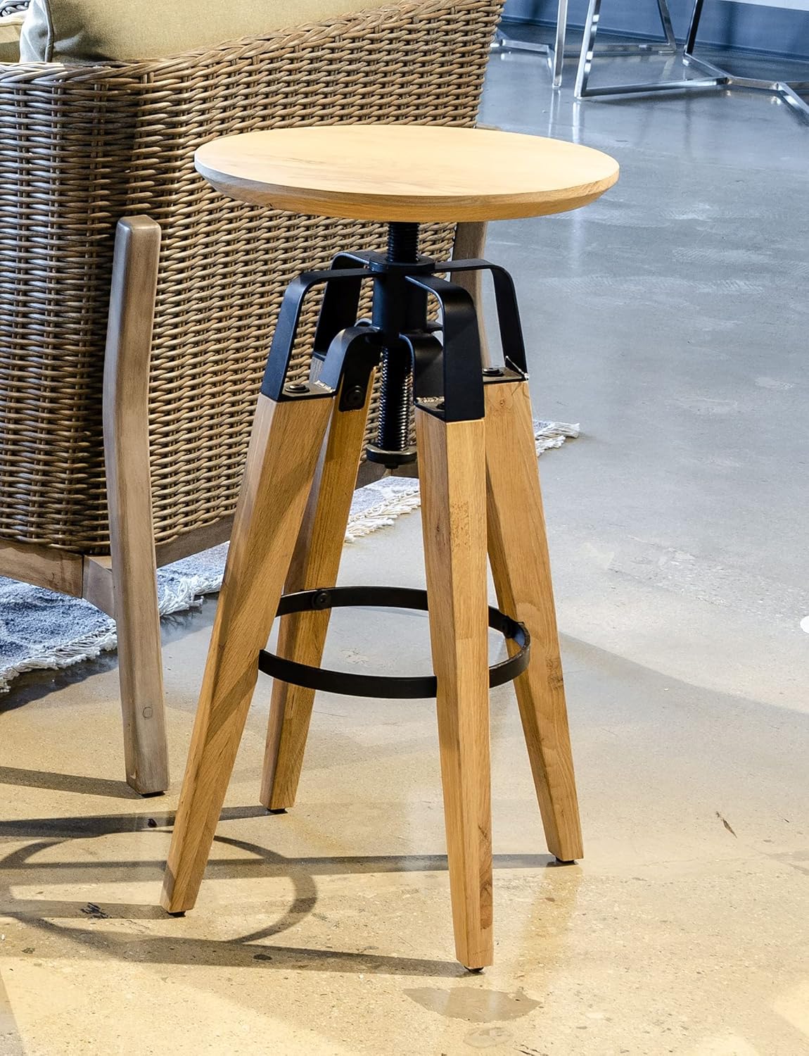 Limari Home Alger Collection Modern Style Round Bar Stool with Solid Seat & Black Powder Coated Steel & Solid Oak Base, Black & Oak