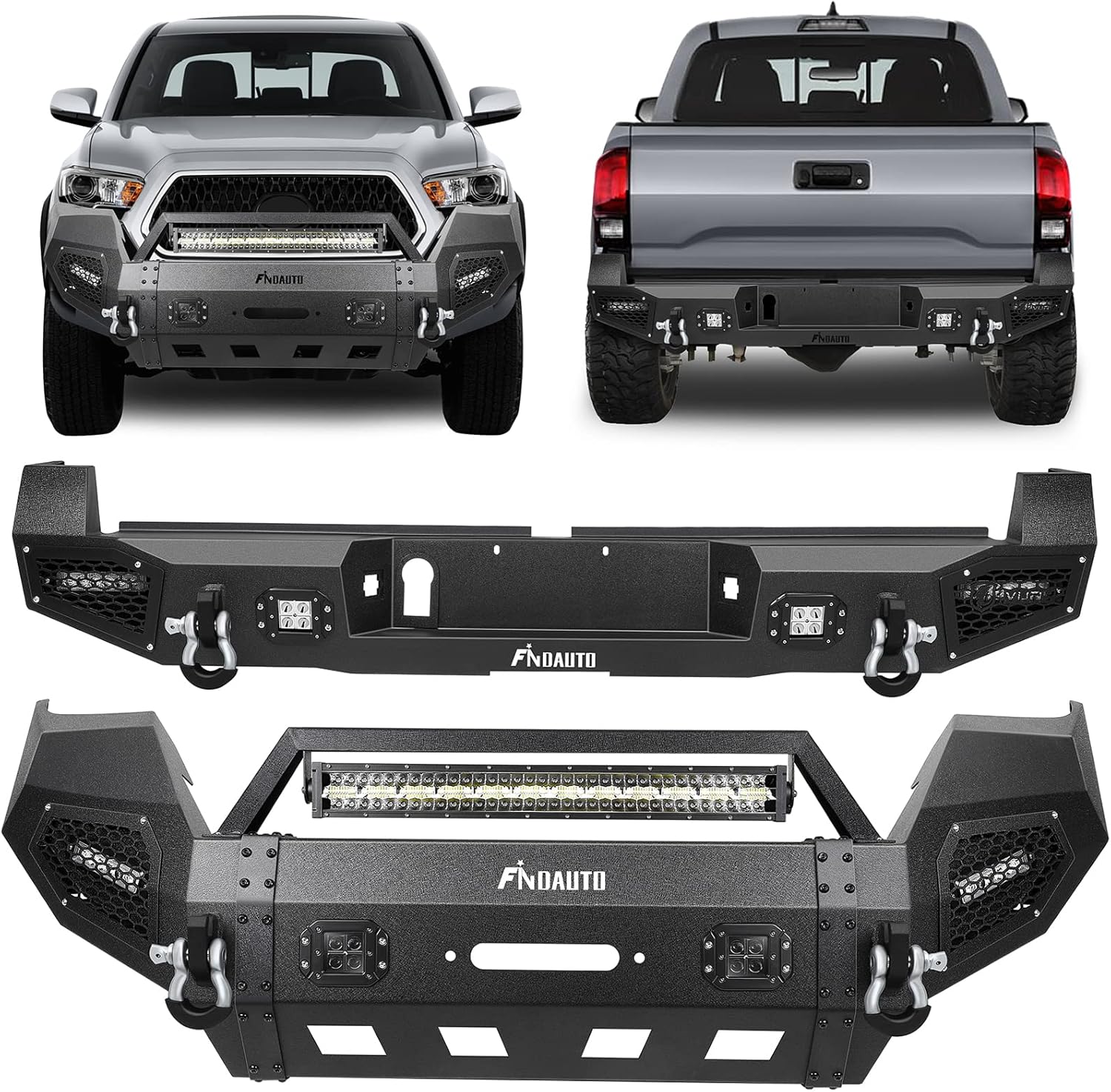 FINDAUTO Front Bumper & Rear Bumper Combo Fit for 2016-2021 for Toyota Tacoma Upgraded Textured Black Rock Crawler Bumper with Winch Plate & LED Light and D-Rings