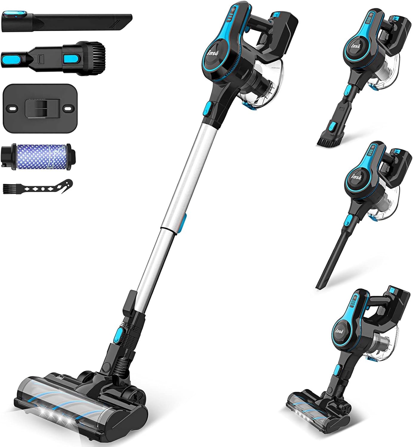 INSE Cordless Stick Vacuum Cleaner, 6-in-1 Rechargeable Vacuum Cordless with 2200mAh Battery, Powerful Lightweight Vacuum Cleaner, Up to 45 Mins Runtime, for Home Hard Floor Carpet Pet Hair- N5 Blue