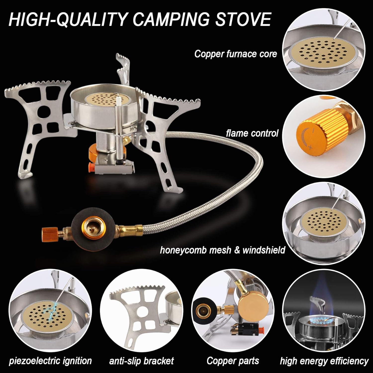 Camping Stove Backpacking Stove Portable Gas Stove with Piezo Ignition, 3900W Lightweight Windproof Split Burner, Butane Adapter, Cookware Survival Kit Gadgets Gear for Outdoor Hiking, Emergency 2PCS