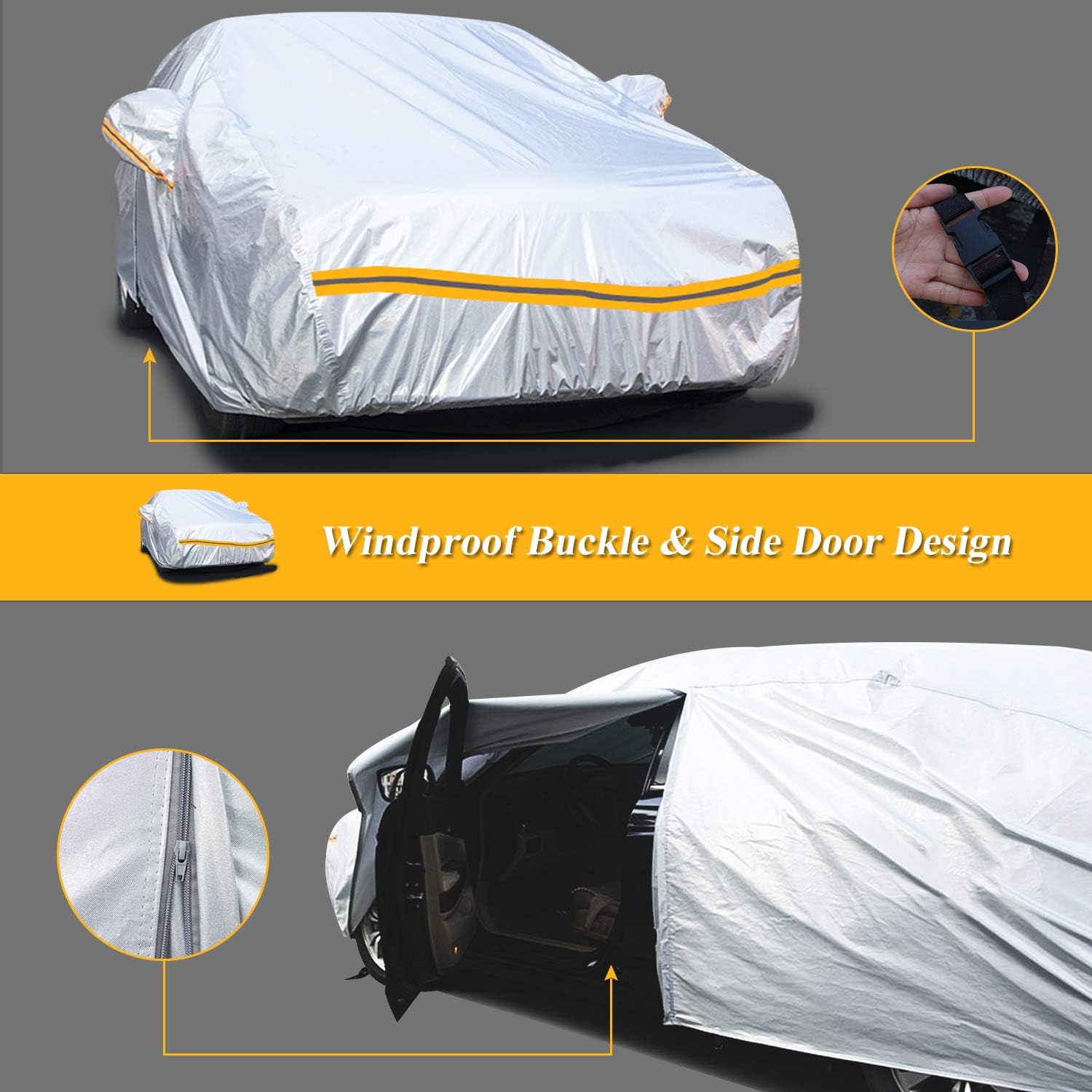 Autsop Car Cover Waterproof All Weather,6 Layers Car Cover UV Wind Hail Snow Protection Full car Cover with Zipper Cotton, Universal A3-3XXL(Fits Sedan 194