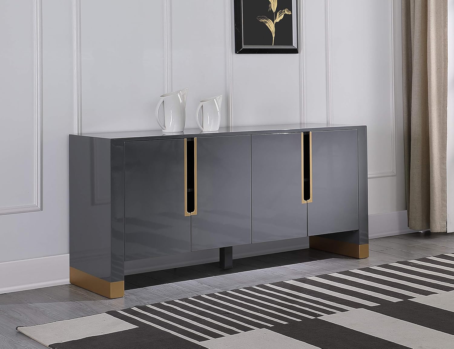 Best Master Furniture Theona High Gloss Lacquer Sideboard/Buffet with Gold Trim, Grey