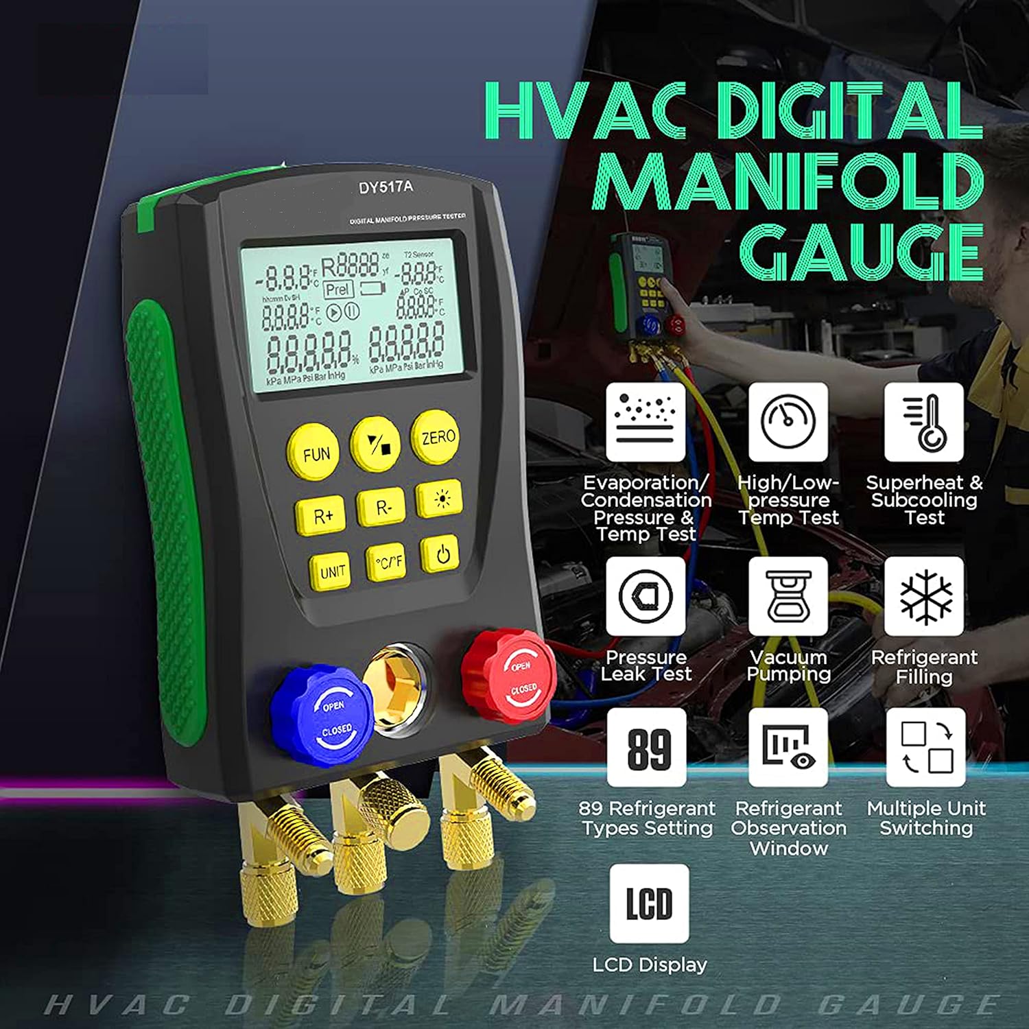 JLN, Refrigeration Digital Manifold Gauge Meter HVAC Vacuum Pressure Leakage Temperature Tester Full Kit with Test Clip and Pipe