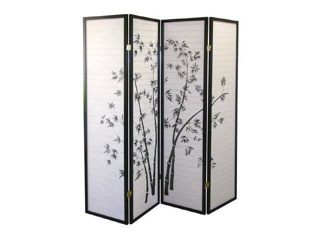 Roundhill Bamboo Print 4-Panel Black Framed Room Screen/Divider