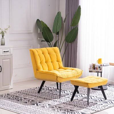 Modern Yellow Soft Velvet Material Large Width Accent Chair Leisure Chair TV Chair Bedroom Chair with Ottoman Black Legs for Ind