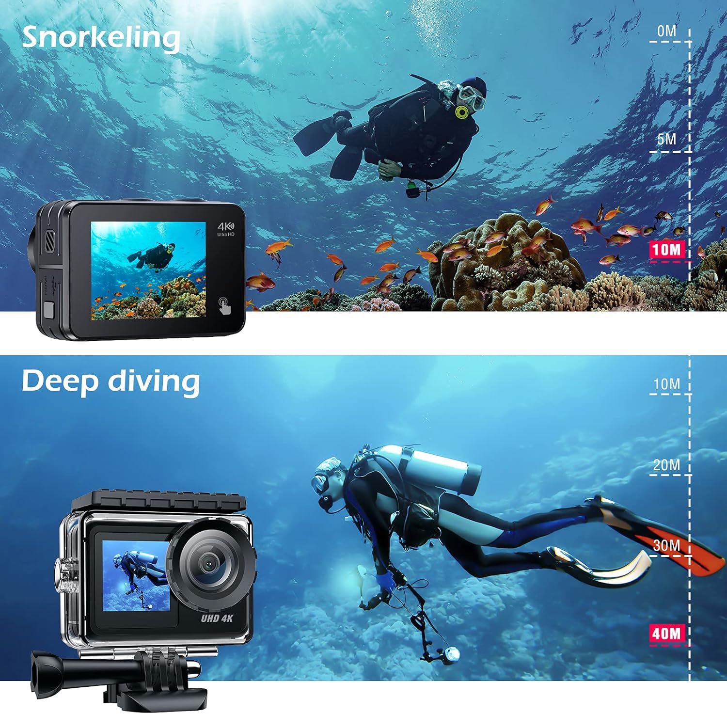 Action Camera 4K 20MP Dual Screen Sports Camera, 40M Waterproof Underwater Camera, WiFi Vlog Camera, PC Webcam with EIS Remote Control, Charger and 2X 1350 Batteries