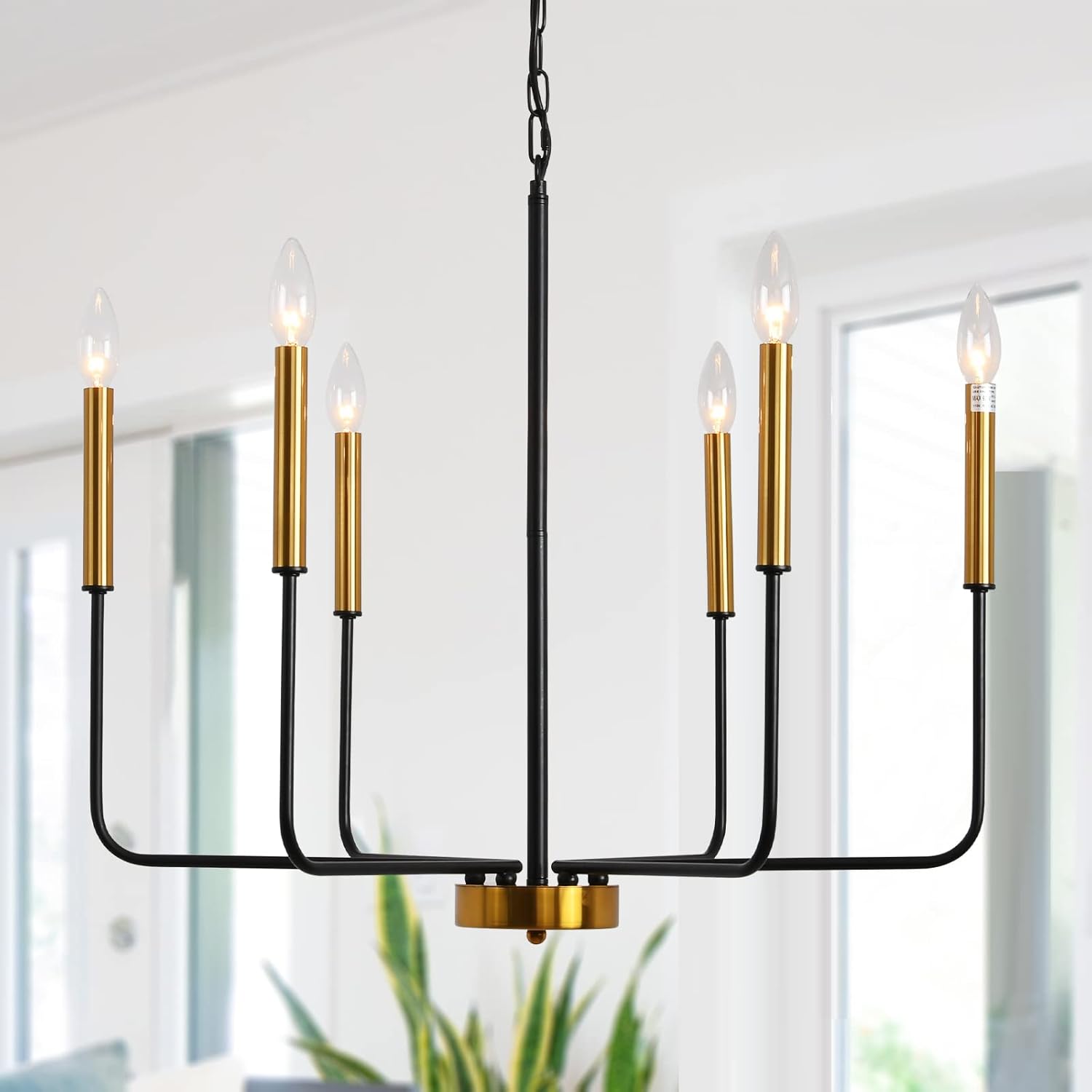ANKYLHUA Rustic Black Gold Farmhouse Chandelier,6-Light Metal Candle Pendant Light Fixture with E12 Base Ceiling Light for Kitchen Dining Room Bedroom Study Living Room Hallway Entry