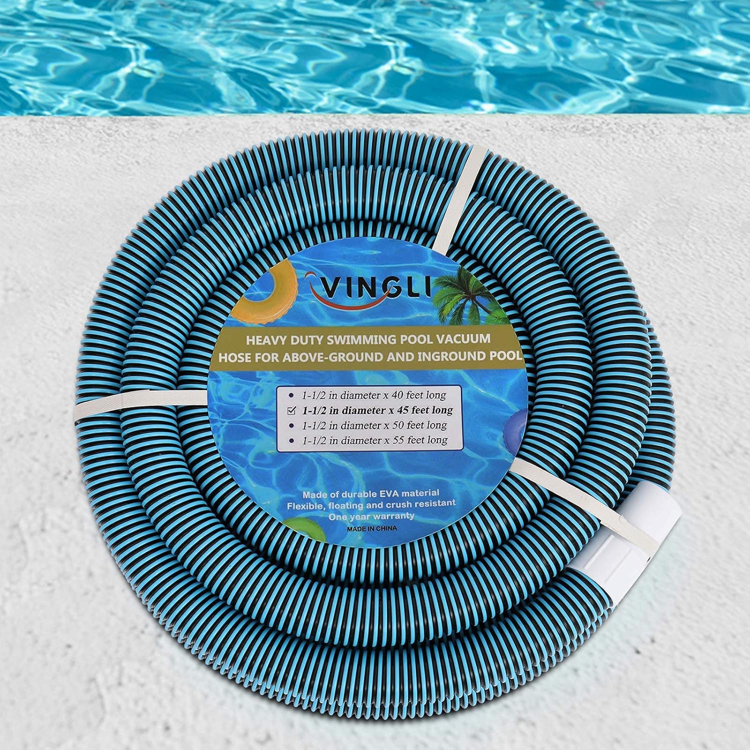 VINGLI Above-Ground Swimming Pool Vacuum Hose 1-1/2-Inch x 45-Feet, Blue