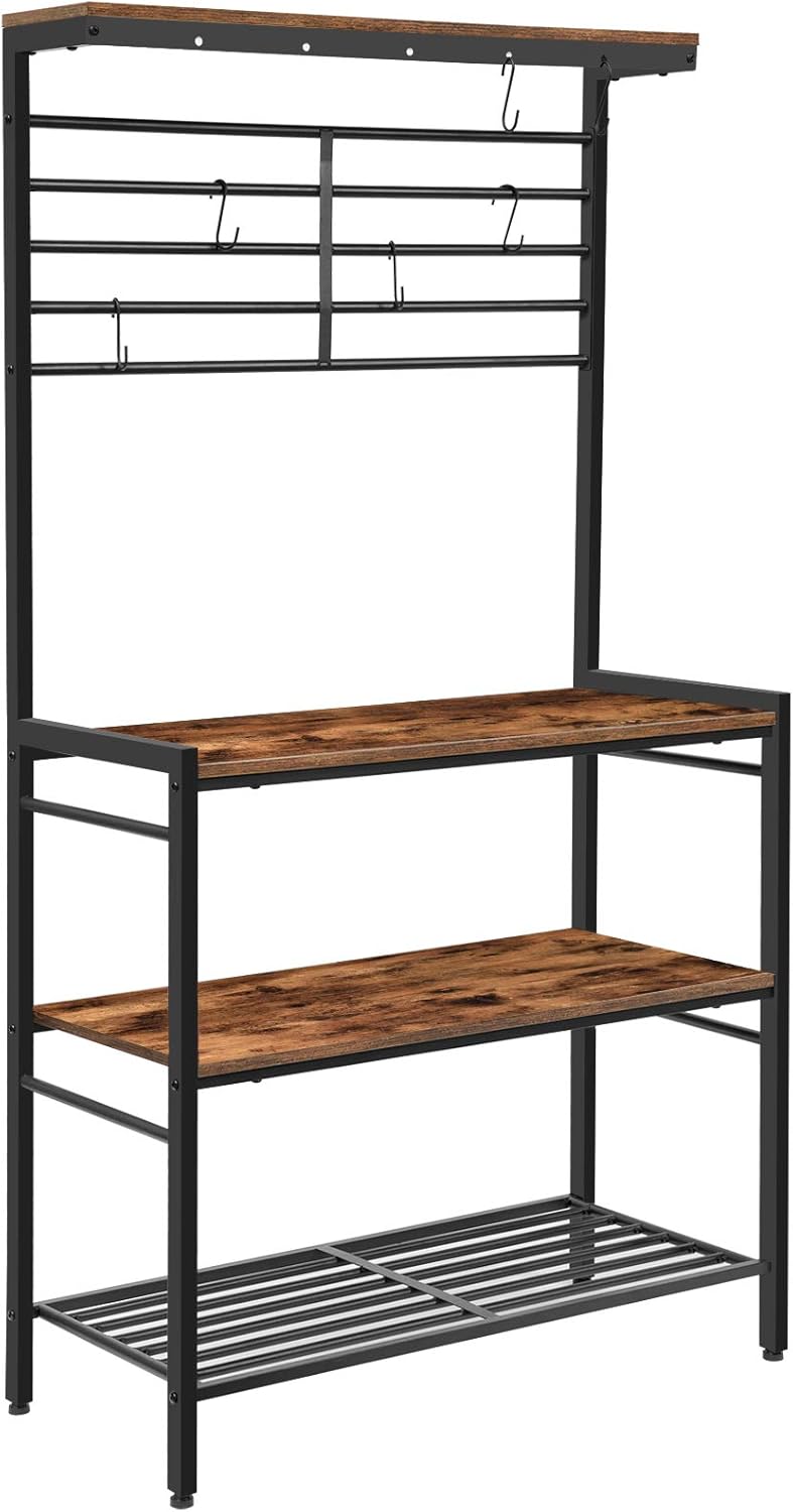 HOOBRO Baker's Rack with Hooks, Kitchen Storage Shelf Rack with High Display Shelf, 2 Wooden Shelves and Mesh Panel, Kitchen Island Rack, Adjustable Feet, for Microwave Oven, Rustic Brown BF01HB01
