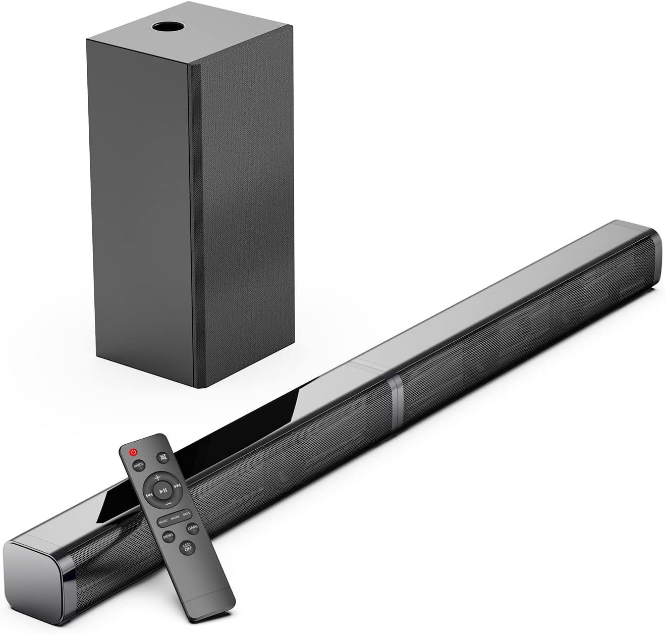 2.1CH Slim TV Sound Bar with Subwoofer, Best Budget Smart Sound Bars for TV, 110dB/100W, 5 EQ Modes, Bass Adjustable, Works with 4K&HD TVs, Bluetooth Enabled, Optical/Aux/USB Connection | Black