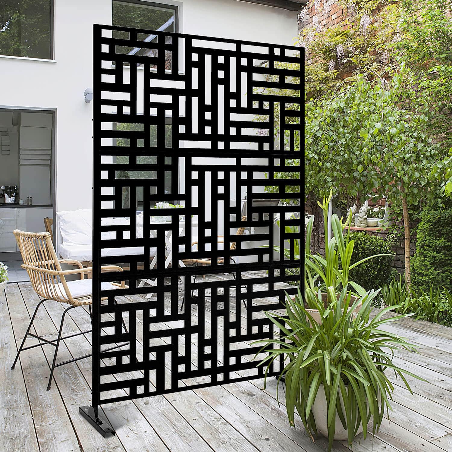 Patio Privacy Screen Balcony Decorative Screen Set with Stand, Outdoor Decor Privacy Fence Screen, Indoor Room Decorative Divider (Square-Black)