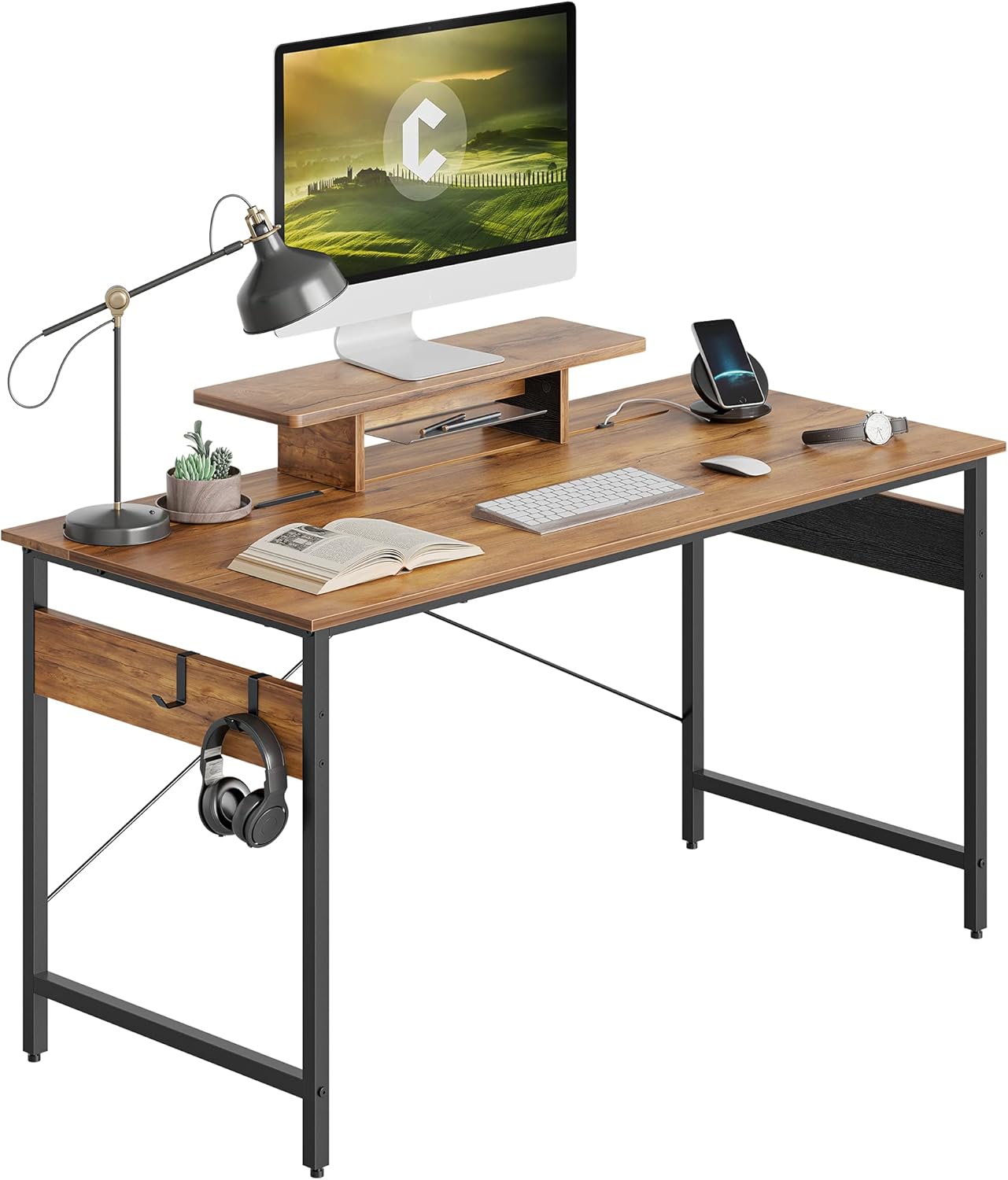 Cubicubi Study Computer Desk 47 Inch Home Office Desk with Storage Table, Modern Writing Style PC Table with Mobile Phone Bracket and Hooks, Black