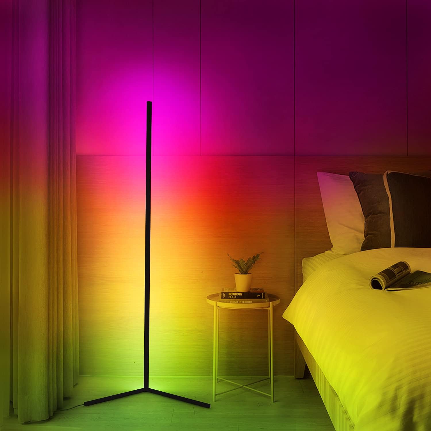 DENGALA RGB Corner Floor Lamp - Random Effects & Solid Color - Touch-Sensitive Remote - Dimmable LED Colorful Corner Light for Gaming Room, Living Room, 20W - Black