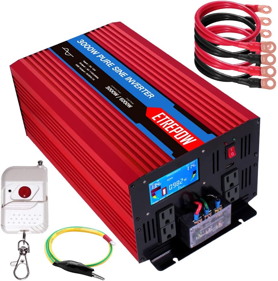 ETREPOW 3000 Watt Pure Sine Wave Inverter 12V to 110V 120V with LCD Display, 4 AC Sockets, 2.1A USB Port, Dual Fans and Wireless Remote Control-Off-Grid Inverter for RV, Automotive 6000W Peak
