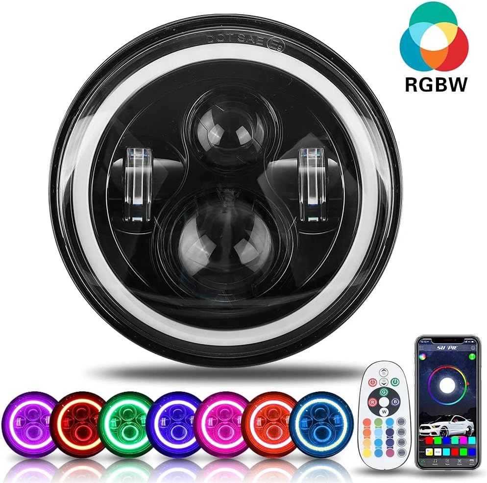 SUNPIE 7 inch RGBW Halo LED Headlights Bulb Black For H arley DAYMAKER LED LIGHT BULB for Electra Glide/Road King/Softail Fat Boy/Street Glide/Softail Deluxe/Softail Heritage/Tri Glide Ultra Classic Pack of 2