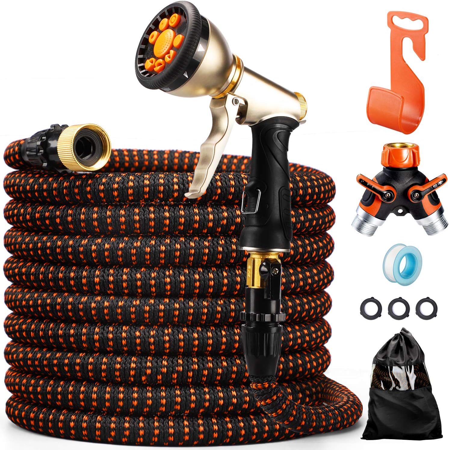 Delxo 100Ft Expandable Garden Hose Kit Include 7,Flexible Water Hose with 9-Function High-Pressure Metal Spray Nozzle, Leakproof Design 3/4 Solid Brass Fittings Lightweight But Heavy Duty Hose Green Pack of 2