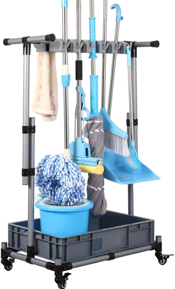 QTJH Broom And Mop Holder Put Wet Mops Movable Floor-Mounted Mop Rack Floor Standing Cleaning Tool Cart Storage For Garden Garage Schools, Hospitals, Factories, Hotels,Property Companies