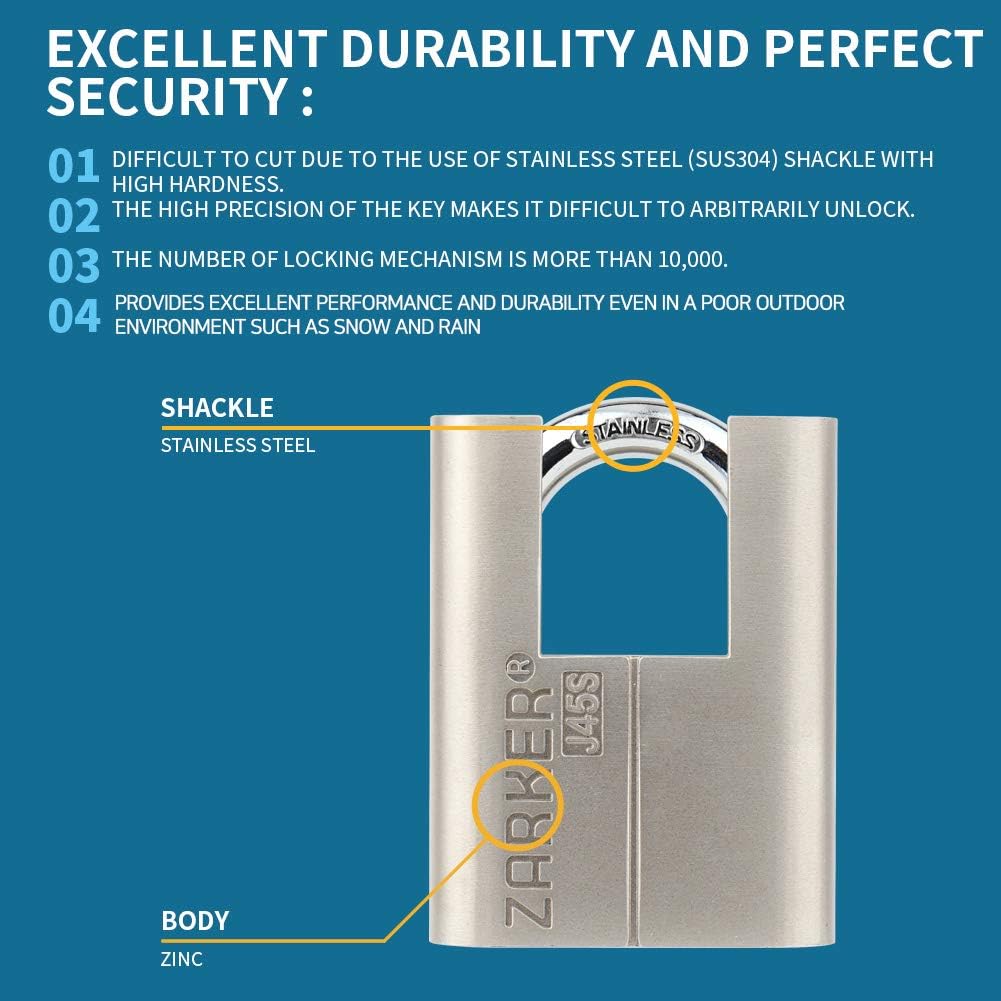 Zarker J45S keyed Padlock - Stainless Steel Shackle Lock,Container storages, Warehouses, Vehicles Outside, or etc, Suitable for Places Have Bad Condition of Weather - 1 Pack