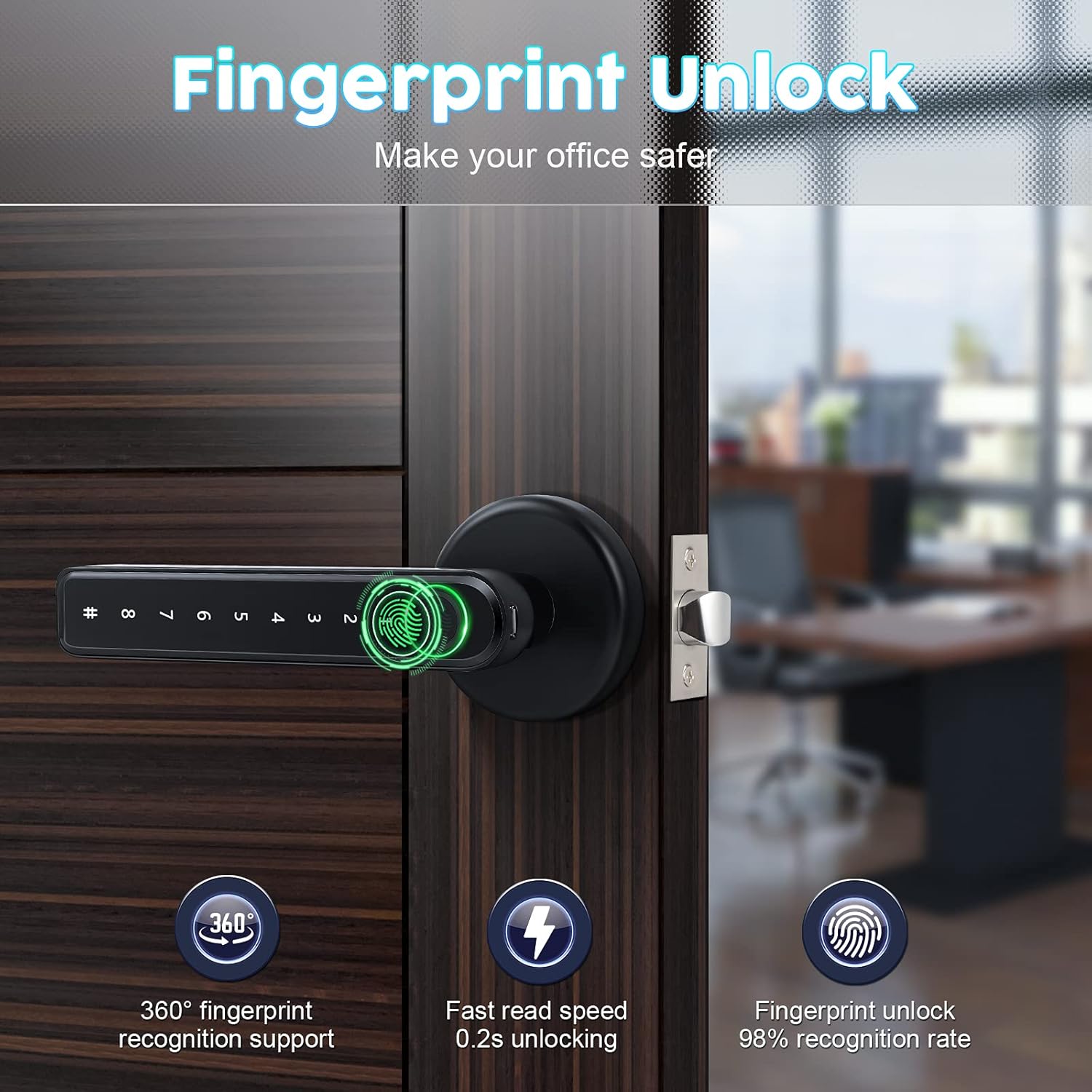 IRONZON Fingerprint Smart Door Lock Door Knob with Keypad Keyless Entry Door Lock with Handle for Home Hotel Office Apartment Bedroom Black(F190) Pack of 2