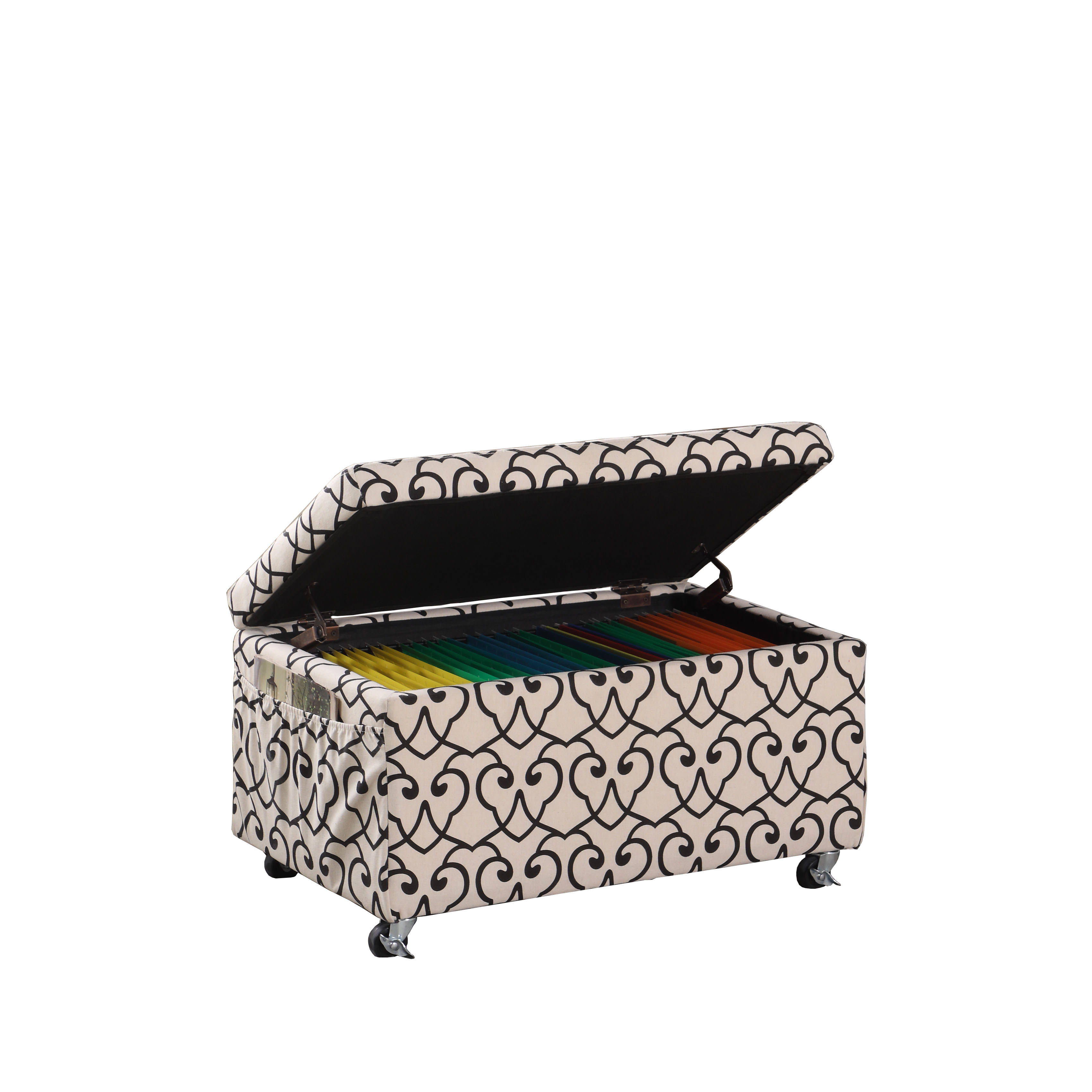 17 inch in Beige Moroccan Heart Black Stencil Storage Bench Seat with Side Pockets and Industrial Caster Wheels