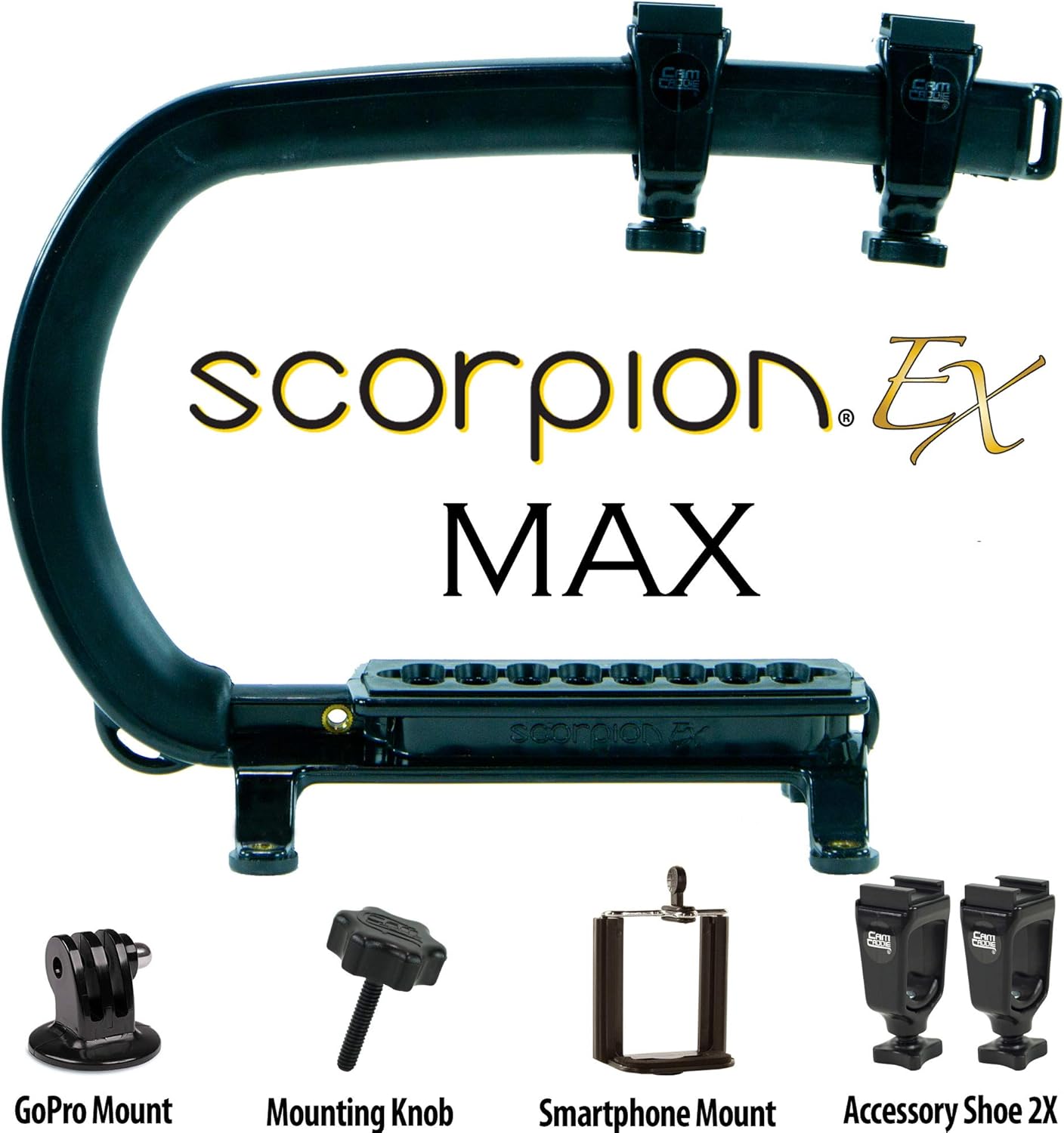 Cam Caddie Scorpion EX MAX Handheld Camera Stabilizer - Pro Steadycam for Most Cameras, Camcorders, Smart Phones and Action Cams - Includes (2) Accessory Shoes + Smartphone/GoPro Adapters - Black