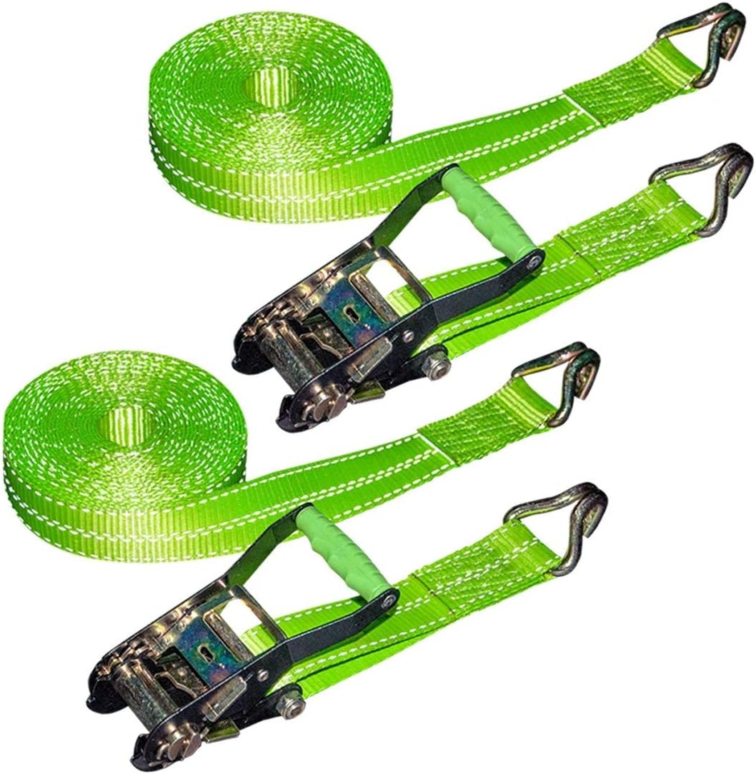 VULCAN Ratchet Strap with Wire Hooks 2 Inch x 30 Foot, 2 Pack - High Viz - 3,300 Pound Safe Working Load Pack of 2