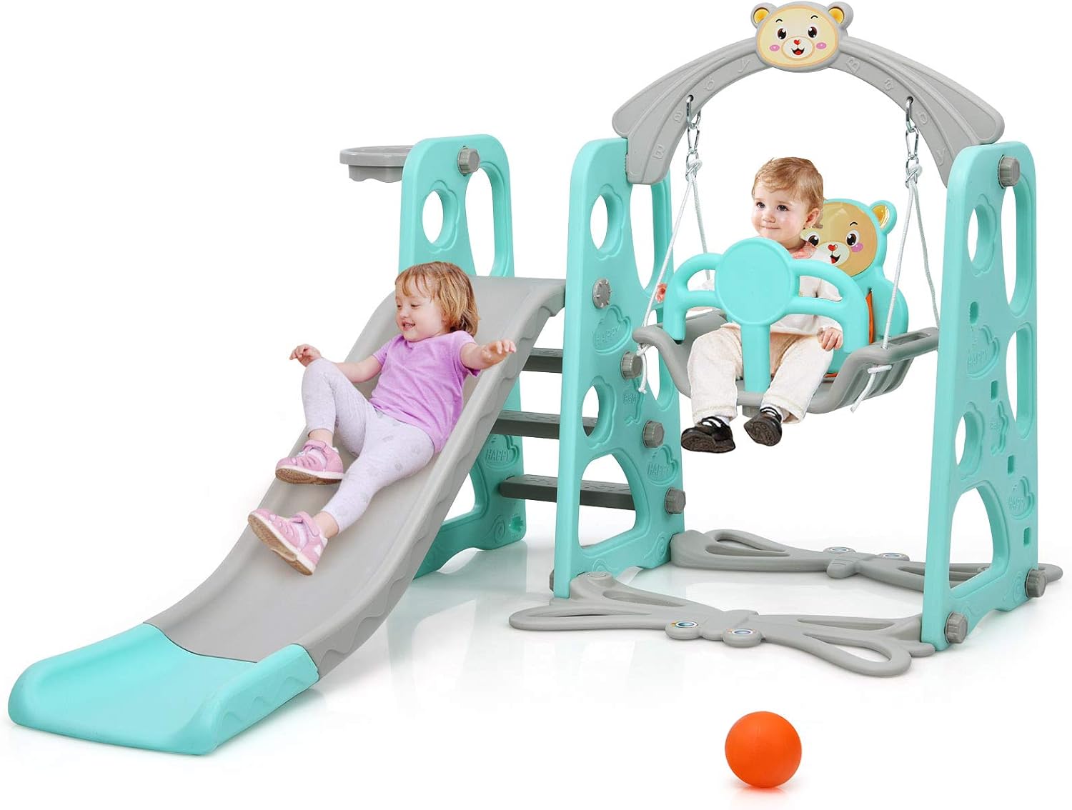 Costzon 4 in 1 Toddler Climber and Swing Set, Kids Play Climber Slide Playset with Basketball Hoop, Extra Long Slide and Ball, Safety Belt, Baby Playset for Indoor Outdoor Backyard (Green Bear)