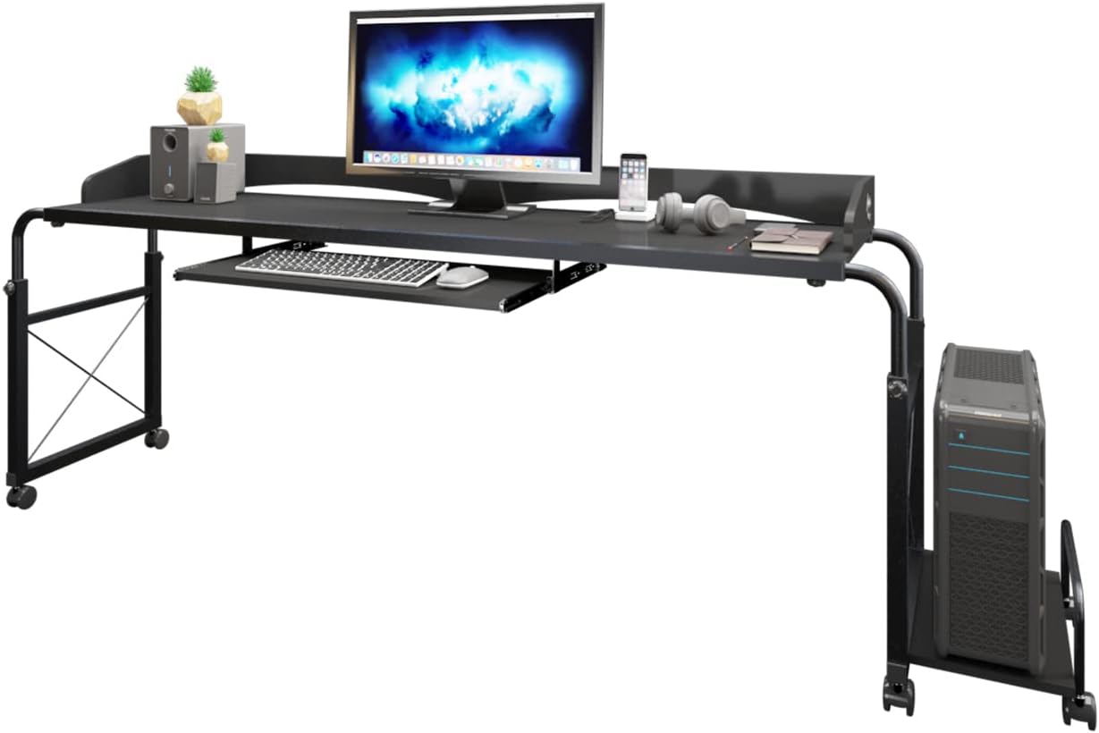 sogesfurniture Overbed Table with Wheels,Height & Length Adjustable Mobile Table 55inches Works as Laptop Cart Computer Table Hospitable Bed Table Nursing Table Drafting Table,Black BHUS-203-2-140BK-N