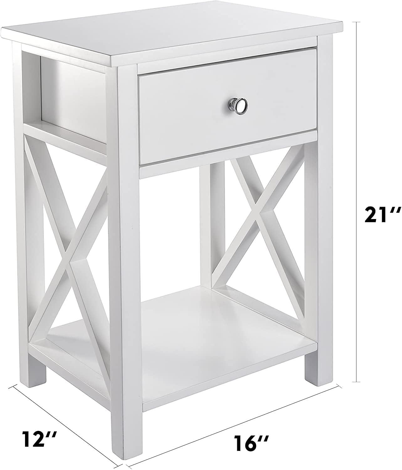Grepatio 2 Pcs X-Design Side End Table Night Stand Storage Shelf with Bin Drawer White Modern Accent Wooden Bedroom Cabinet (2)