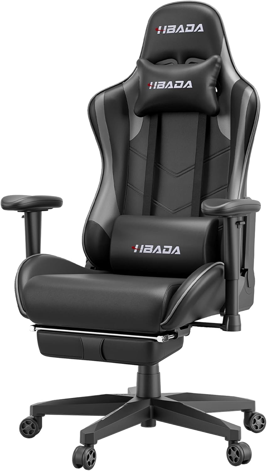 Hbada Gaming Ergonomic Racing High-Back Computer Height Adjustable Headrest and Lumbar Support E-Sports Swivel Chair, Grey