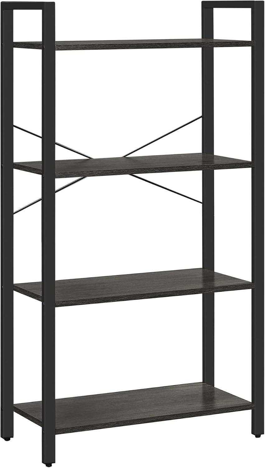VASAGLE Bookshelf, 4-Tier Bookcase, Living Room Standing Unit Shelf, Stable Steel Frame, Bedroom, Office, Industrial Design, Greige and Black ULLS060B02