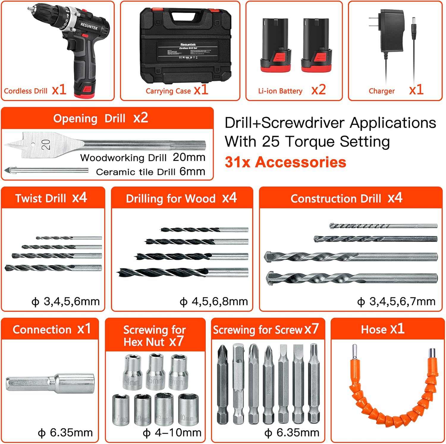 Cordless Drill Driver Set with 2 Batteries, 12.8V Power Drill 28Nm 25+1 Clutch, 3/8 Keyless Chuck, Variable Speed, Built-in Led with 31Pcs Accessories