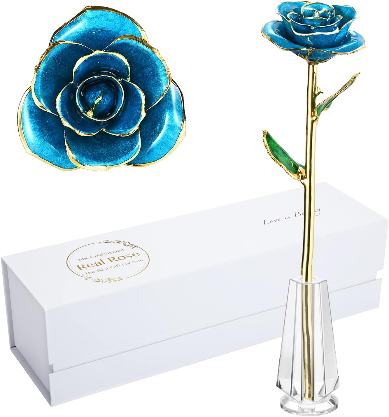 MAXSPT Rose Golden Real Rose, Gold Dipped Real Rose is Attractive Luster and Natural Shape, Best Gifts for Her/Mom/Wife/Girlfriend,Rose Golden with Crystal vase