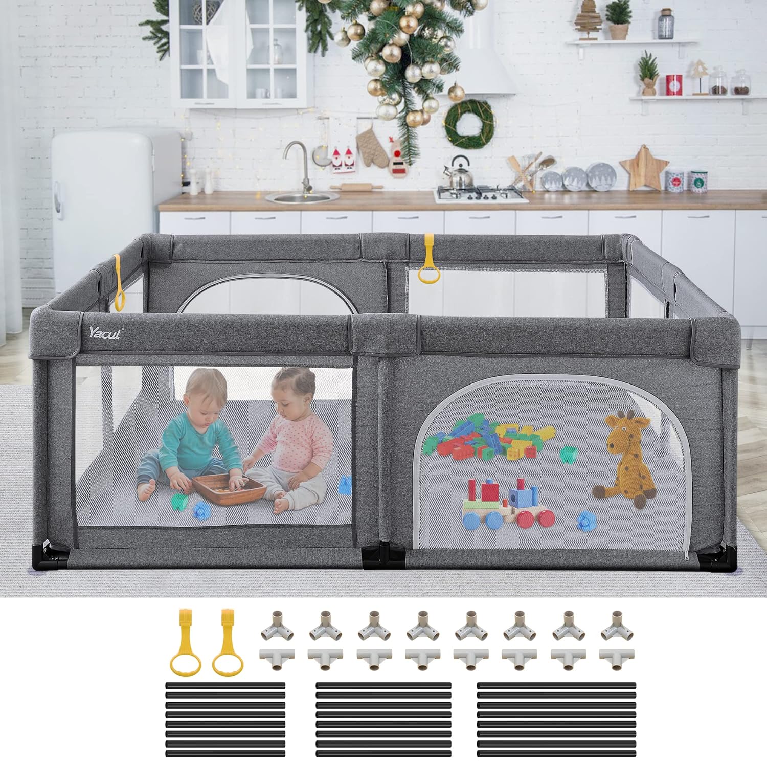 Playpen for Baby, Yacul Extra Large Playard with Anti-Slip Base, A Safety Home Indoor Play Center for Toddlers (Dark Gray)
