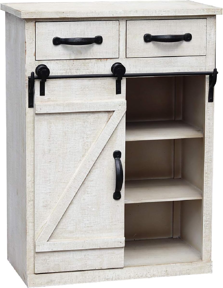 Antique White Sliding Barn Door Accent Wood Storage Cabinet, Farmhouse Style Wood End Table with 2 Drawers and 1 Cabinet, Vintage Furniture 24