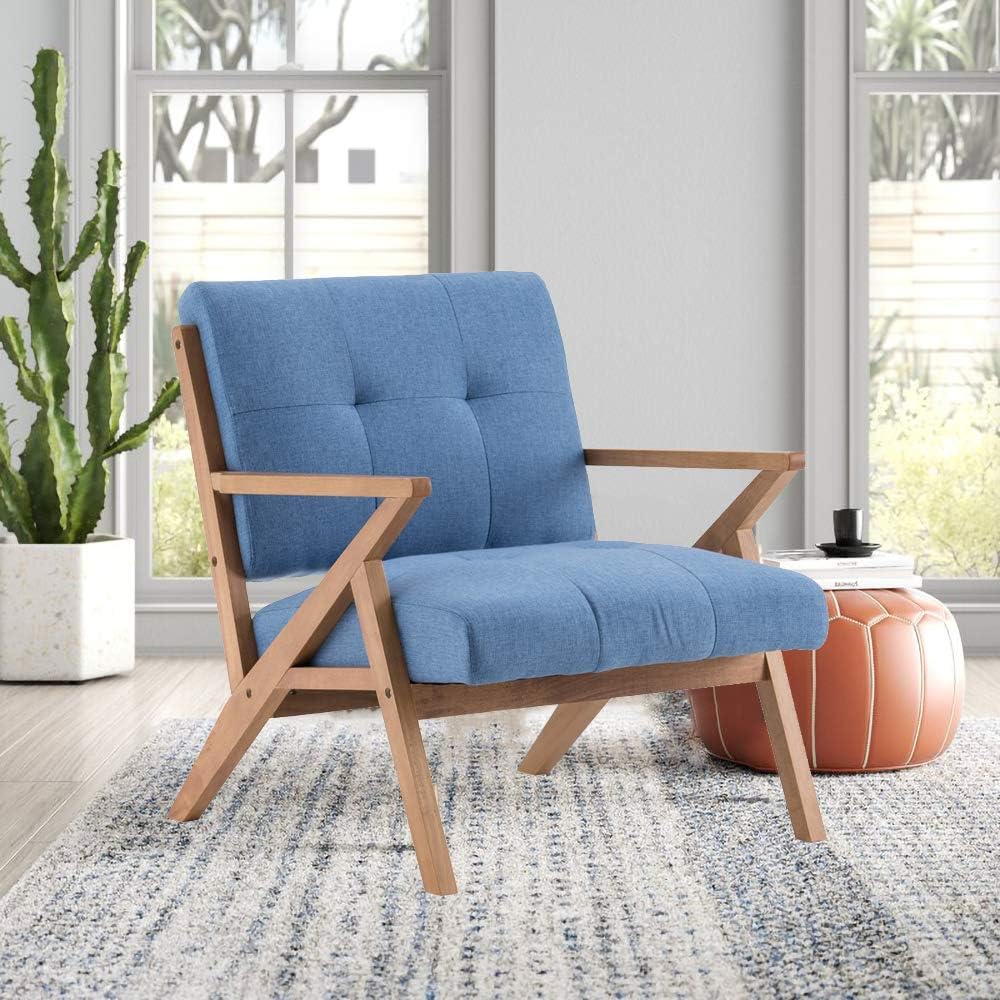 JOYBASE Mid-Century Accent Chair, Lounge Chair, Solid Wood Z-Frame Retro Style, Arm Chair for Living Room, Blue