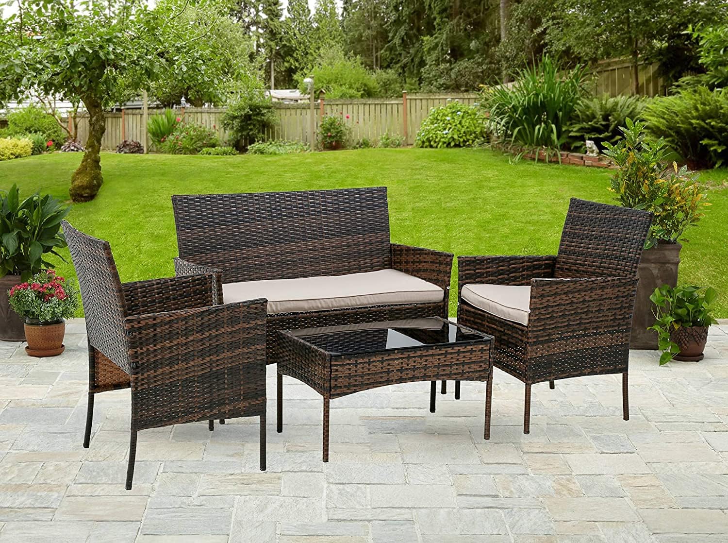 HGS Outdoor Rattan Chair 4 Pieces Garden Conversation Set Patio Furniture Sets Wicker Sofa&Table Rattan Chair for Yard Balcony Poolside Backyard, Black