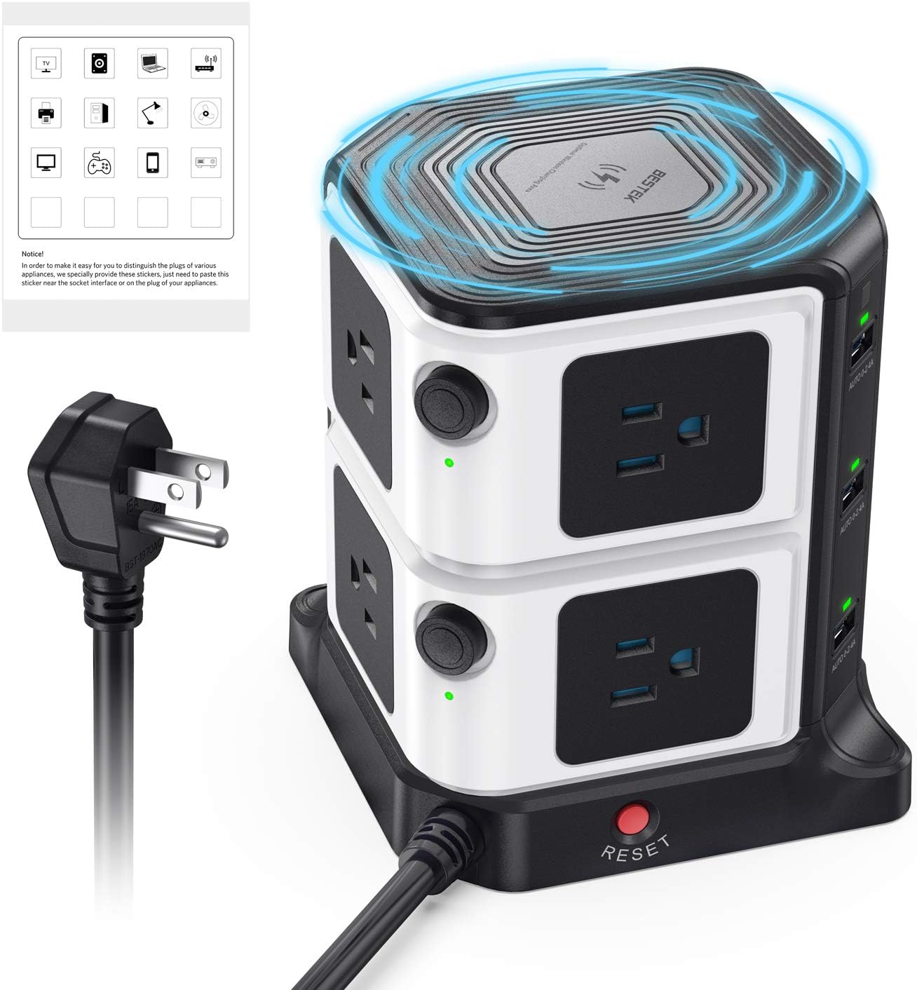 BESTEK USB Power Strip with 10W Wireless Charger 8-Outlet Surge Protector and 40W 6-Port USB Charging Dock Station,1500 Joules,ETL Listed (8AC+6USB+12 Feet Cord) Pack of 2