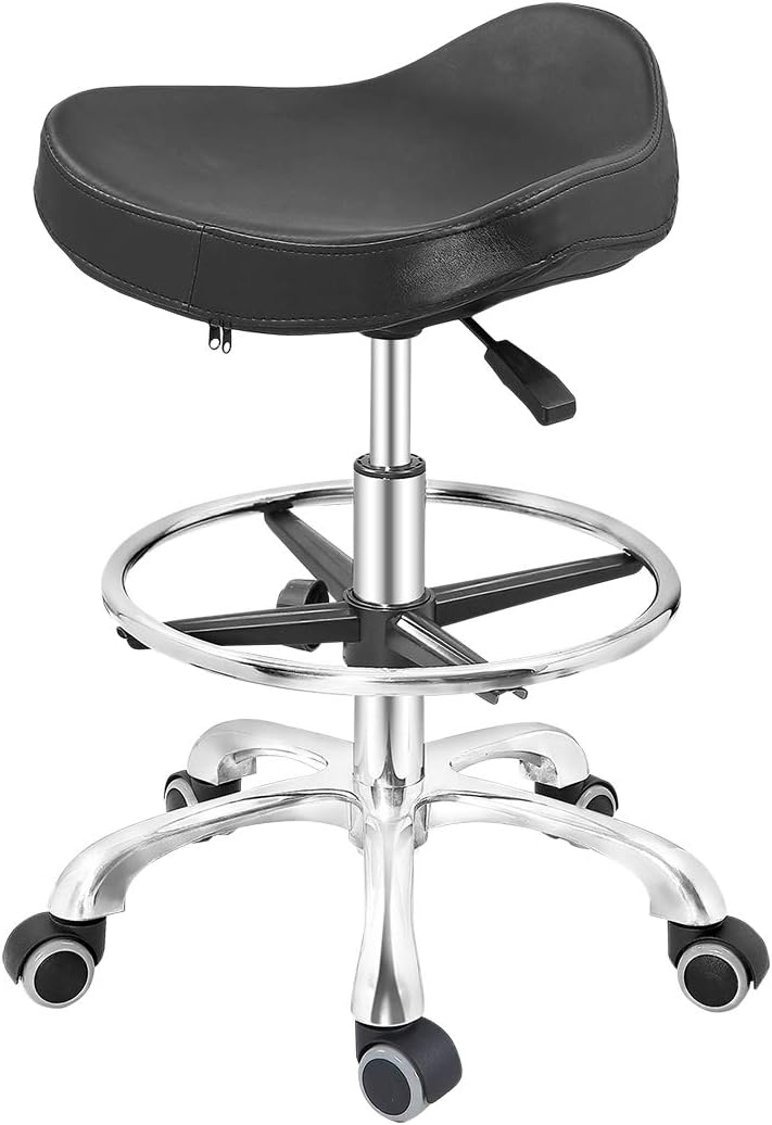 Grace & Grace Height Adjustable Rolling Swivel Stool Chair with Ergonomic Seat and Comfortable Footrest Heavy Duty Metal Base for Salon,Shop, Kitchen (Black, with Caster)
