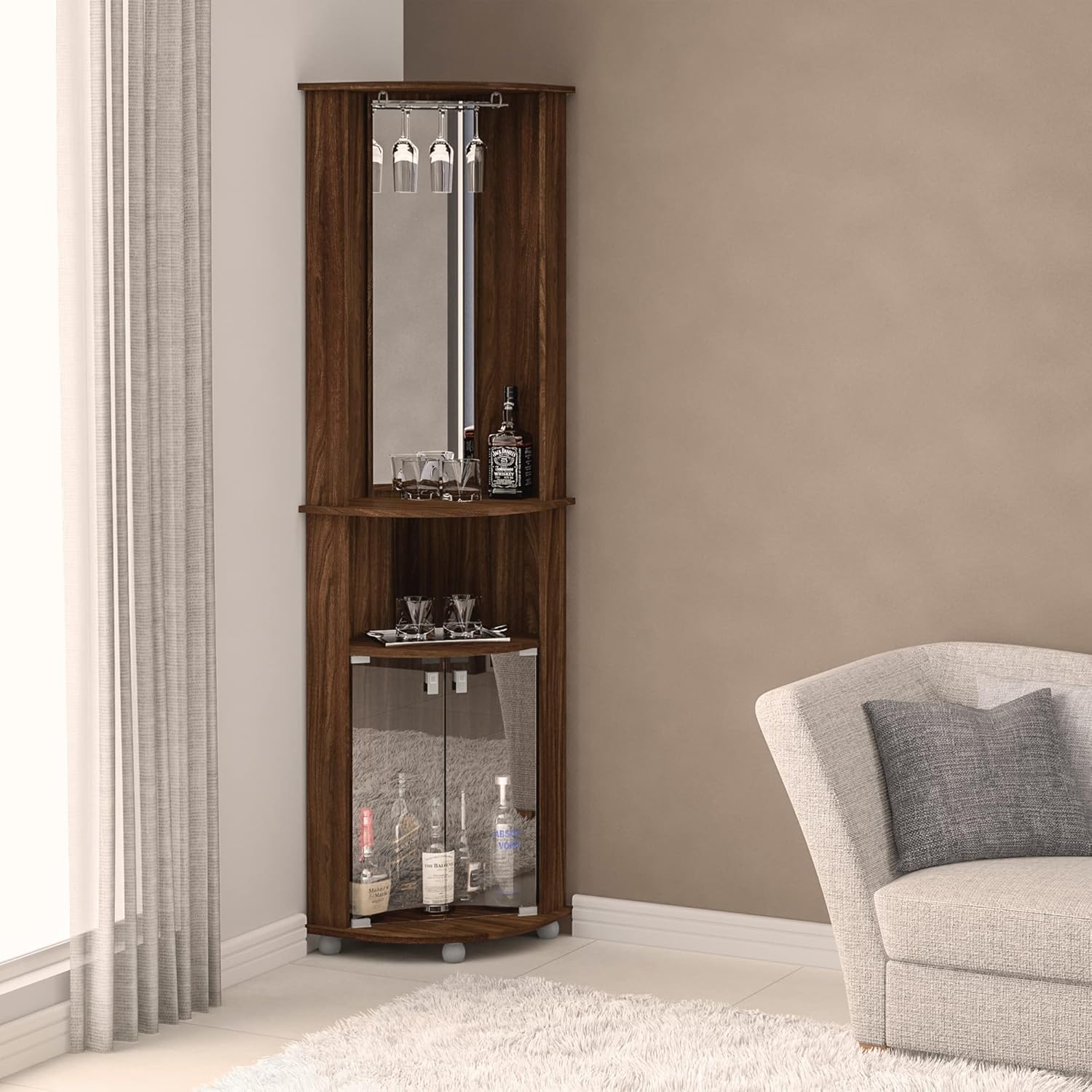 Boahaus Corner Bar, 2 Glass Door, Mirrowed Wall, Glass Rack