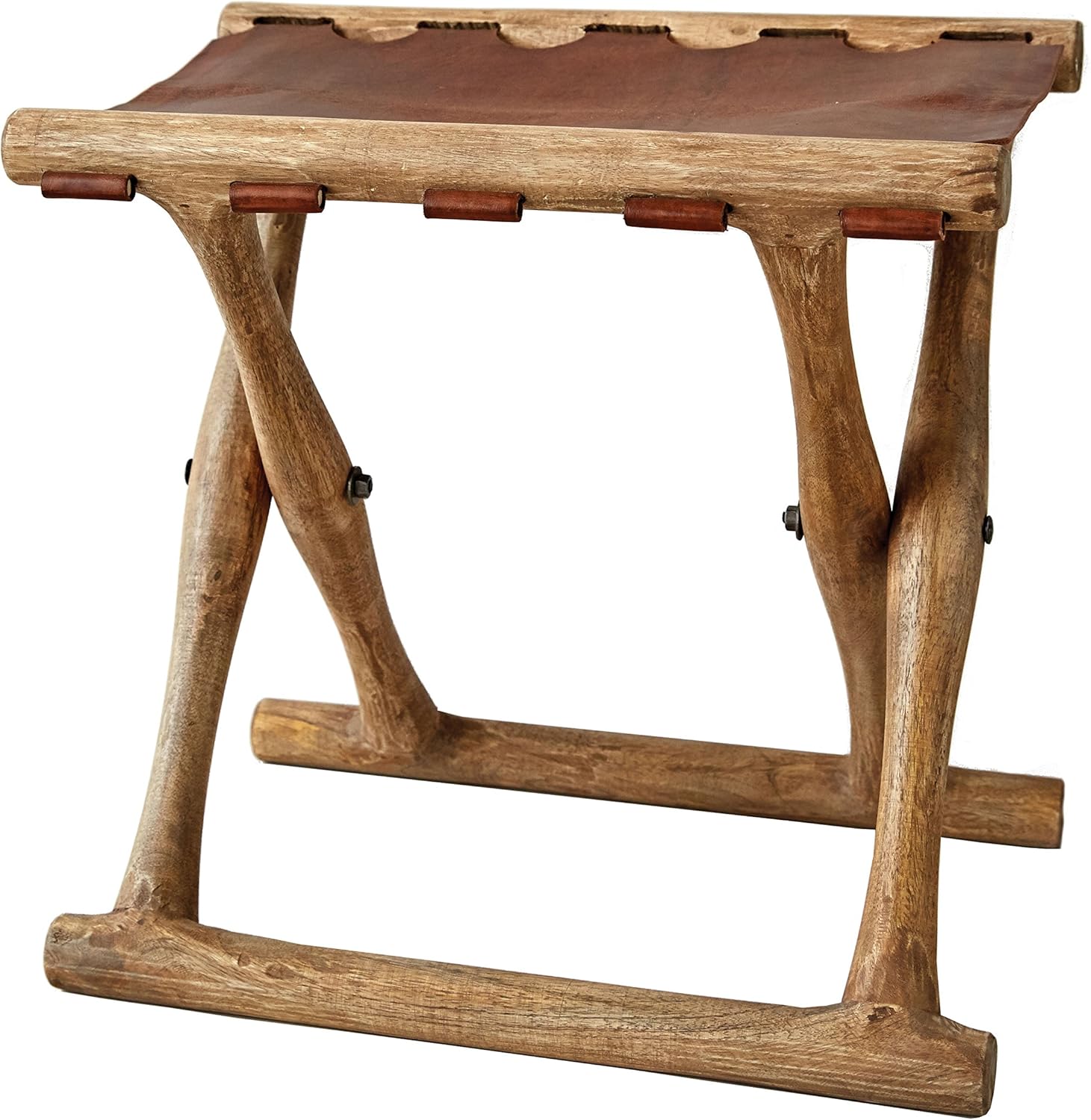 Creative Co-Op Acacia Wood & Leather Folding Stool, Brown