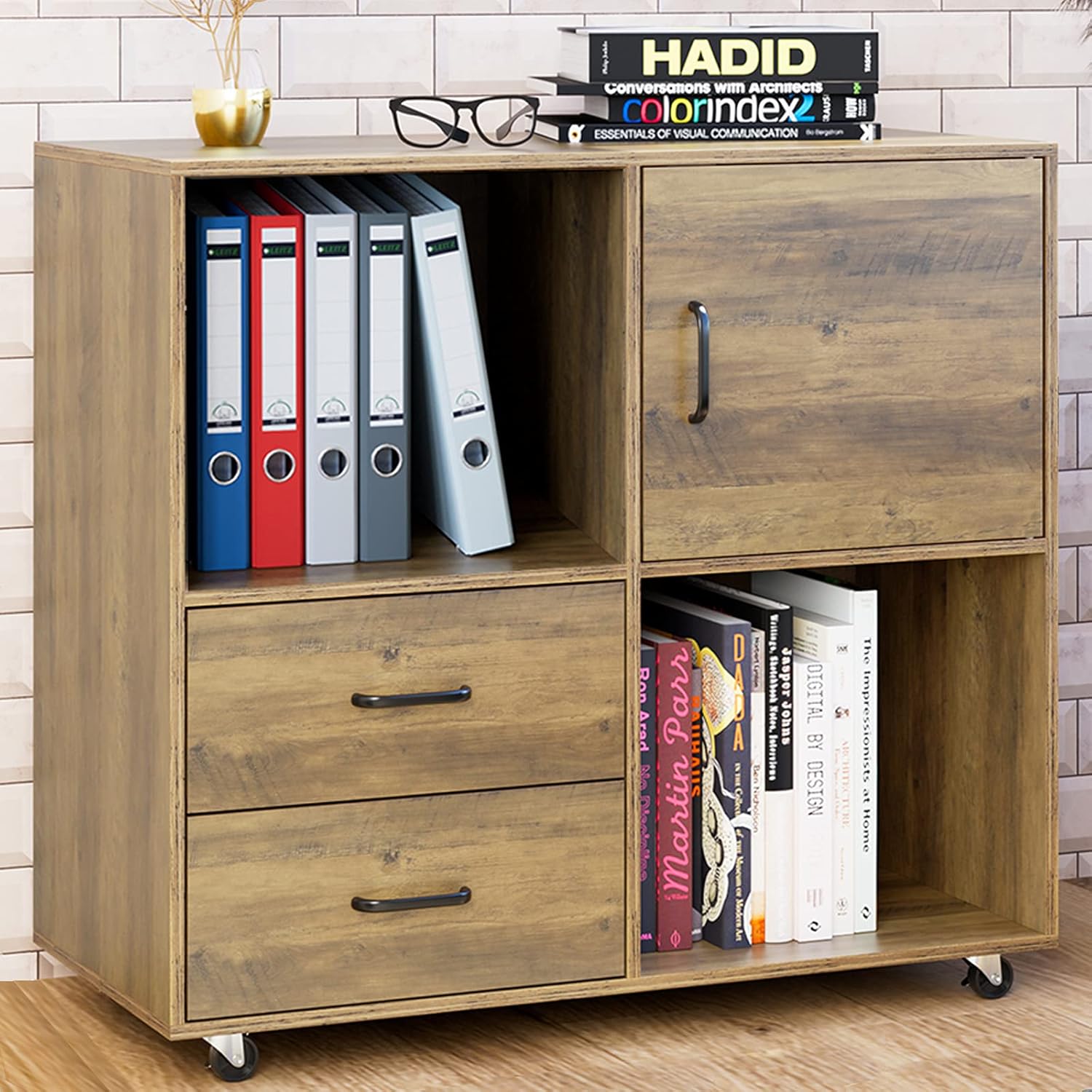 2 Drawer Mobile File Cabinet, Wood Lateral Filing Cabinet with Door, Rolling Printer Stand with Open Storage Shelves, Office Cart for Home Office, Dark Brown Pack of 2