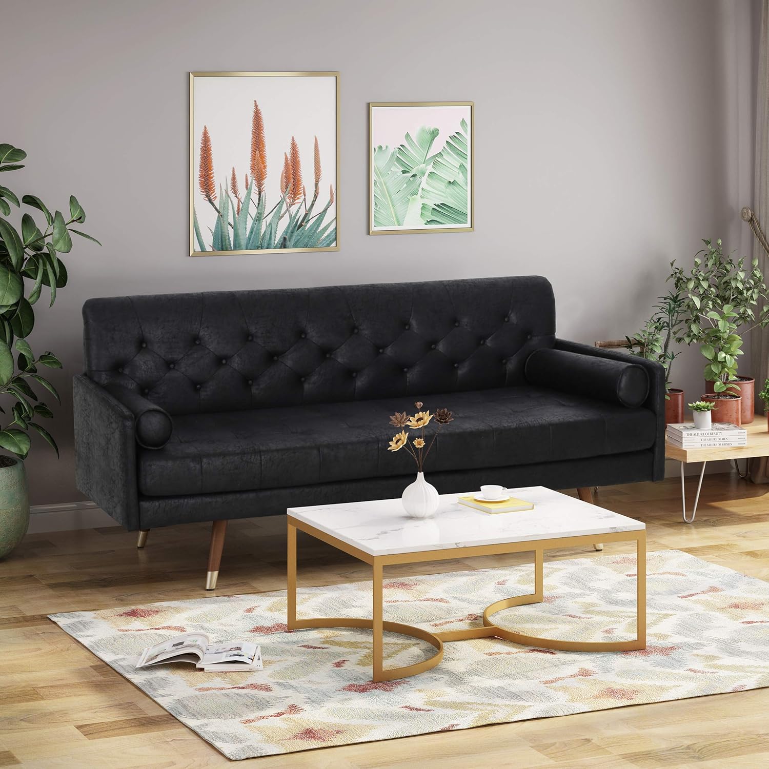 Christopher Knight Home Truda Mid Century Modern Microfiber Sofa with Button Accents, Black, Dark Walnut